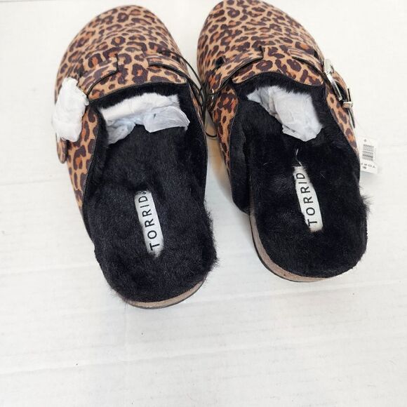 9W Torrid Brown Leopard Lined Slip On Mule Flat Faux Fur Faux Suede Wide Width - Picture 6 of 8